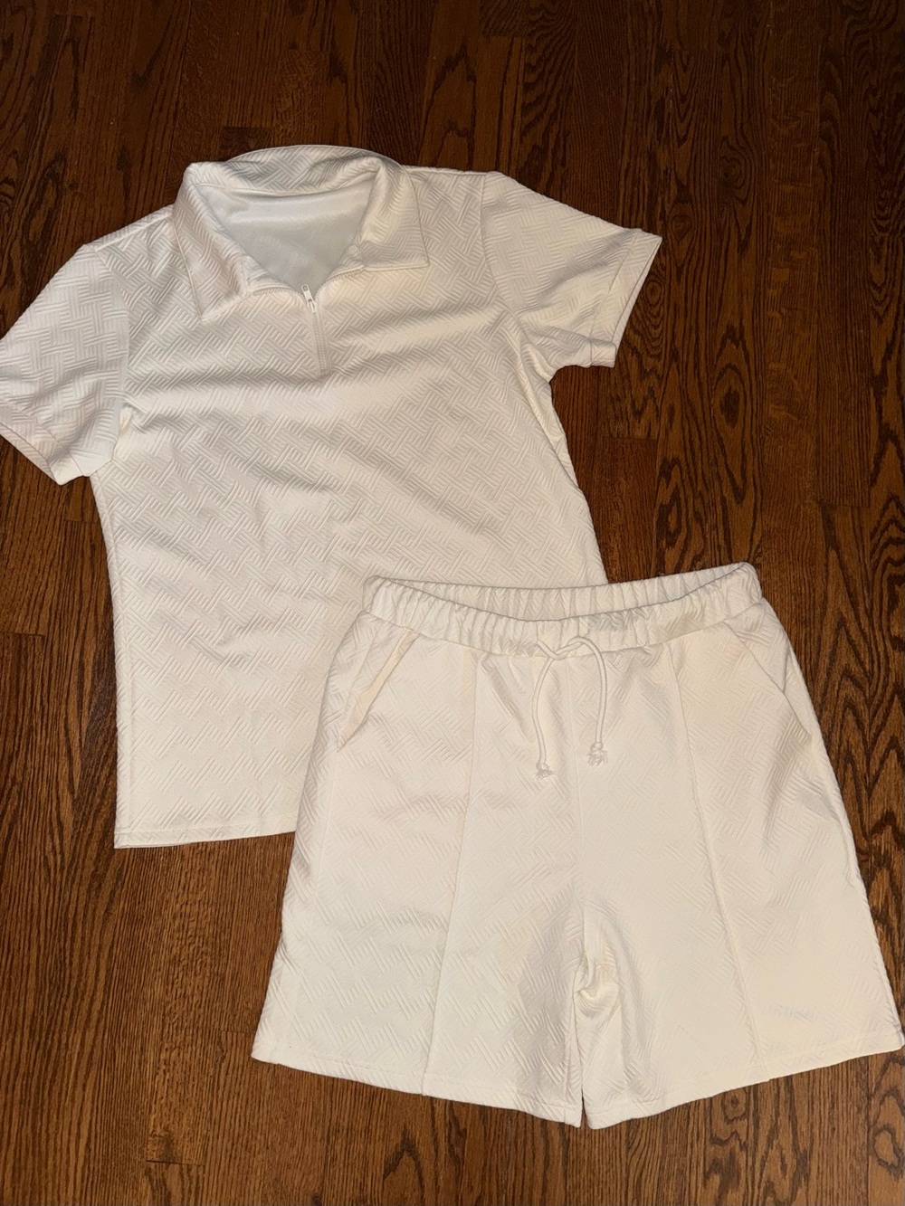 Amazon White Short Sleeve Zip Polo and Drawstring Shorts Set